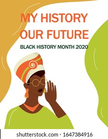 Black history month banner. Celebrated in February in the USA and Canada. Beautiful Afro American woman portrait with tradtional afro headscarf and ear-rings. Vector flat Illustration