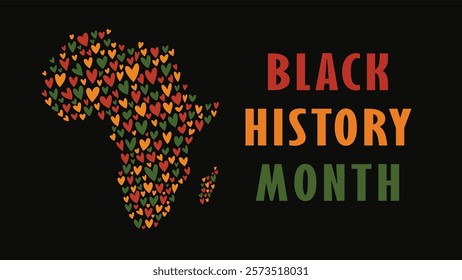 Black History Month banner with decorative silhouette of African continent with hand drawn hearts in color of Pan African flag - red, yellow, green. Black background greeting card