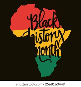 Black History Month Banner design with African continent in Pan-African colors and bold black lettering. Cute symbolic illustration in concept cultural pride of African roots. For social media banner.