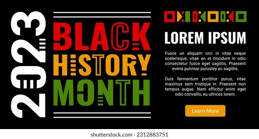 Black History Month banner with ethnic decoration, bright colors and white line and text on a black background.
