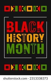 Black History Month banner with ethnic decoration, bright colors and white line and text on a black background.