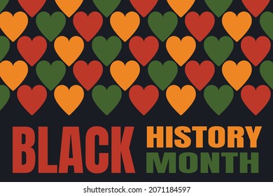 Black History Month banner with hearts pattern in Pan African flag colors - red, yellow, green. Background for banner, postcard, flyer vector design.