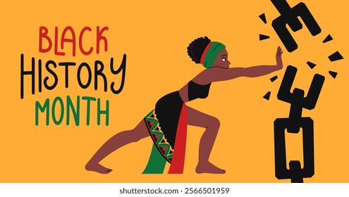 Black history month banner. Horizontal greeting background for web. African-American woman in ethnic clothes breaks chains. Struggle for freedom. Hand lettering. Vector flat illustration.