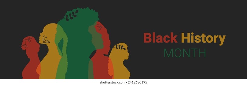 Black History Month banner. Multi-colored silhouettes of African women on a dark background. Happy holiday in February 2024.