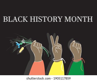 Black history month banner. Black people freedom and independent. Protests design. Illustration of hands. Peace. Black lives metter. 