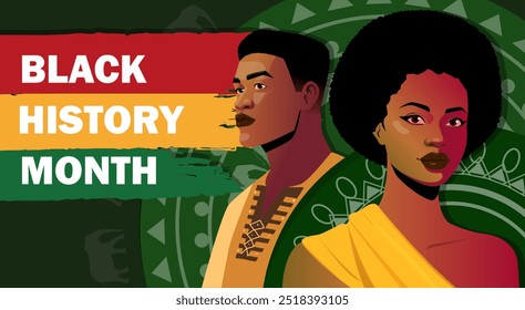 Mes de la historia negra. Anuncio con retratos de hermosos hombres y mujeres afroamericanos con trajes étnicos. Celebrando las fiestas relacionadas con la cultura afroamericana. Ilustración vectorial plana de dibujos animados