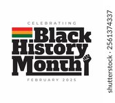 Black History Month banner, poster, template with flag and fist hand icon on white background. Black history month logo, sticker, label, tag for Africa American national holiday in USA and Canada.