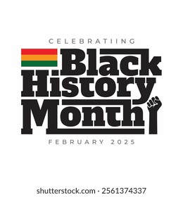 Black History Month banner, poster, template with flag and fist hand icon on white background. Black history month logo, sticker, label, tag for Africa American national holiday in USA and Canada.