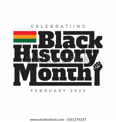 Black History Month banner, poster, template with flag and fist hand icon on white background. Black history month logo, sticker, label, tag for Africa American national holiday in USA and Canada.