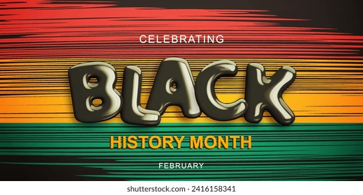 Black history month. Banner with realistic glossy 3d text on red, yellow and green african background. African American history month celebration concept in February 2024. Vector illustration