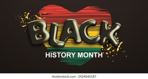 Black history month. Banner with realistic glossy 3d text against background of heart in red, yellow, green colors of Pan-African flag. African American heritage month celebration. Vector illustration