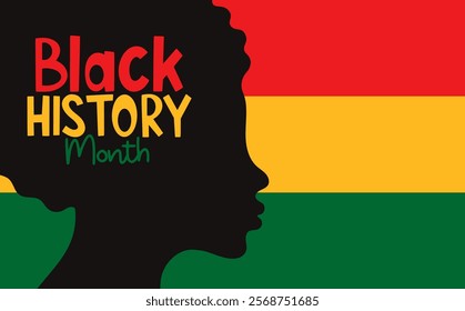 Black history month banner. Silhouette of profile african american woman on background national red, yellow and green flag. Vector illustration design graphic. Horizontal template for card, poster