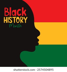 Black history month banner. Silhouette of profile face african american on background of national flag. Vector illustration design graphic. Square template for background, card, poster