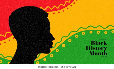 Black History Month banner template. Vector card with head silhouette on pattern with Black History Month colors. African-American History Month banner for promotion, card, poster and social media ad.