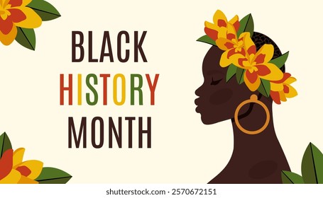 Black history month. Banner template. African American girl with flower wreath. Beautiful black woman. Human right. Concept of unity, freedom, discrimination. Female ethnicity character. Vector