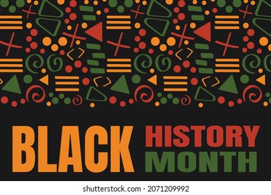 Black History Month banner with tribal African pattern ornament - red, yellow, green. Background for banner, postcard, flyer vector design.