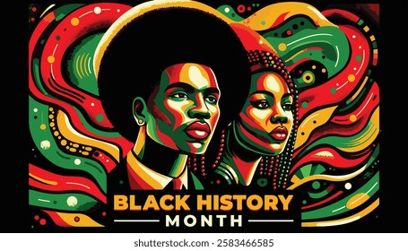 Black History Month Banner Vector Art. Celebrating history of african americans in february. Bright poster in yellow, green and red colors.