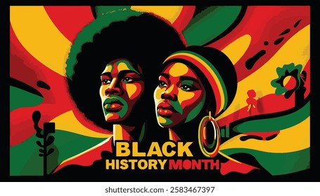 Black History Month Banner Vector Art. Celebrating history of african americans in february. Bright poster in yellow, green and red colors.