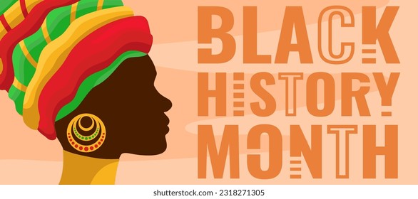 Black History Month banner with black woman face profile and text with national color of Africa flag, Black History Month celebration poster.