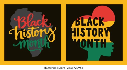 Black History Month banners set with vibrant Pan-African colors, bold typography on black background. Symbolic lettering - message in concept of social justice, equality, solidarity. For banners.