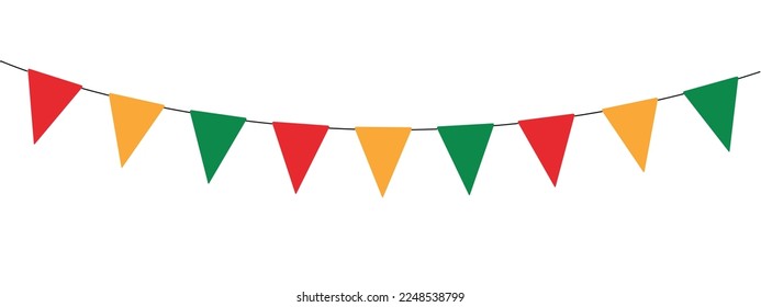 Black history month bunting, red, yellow and green flag garland, triangle pennants, pan african flag colours decoration, vector decorative element