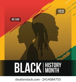 Black History Month also called African American History Month post design with silhouette of African people. Showcasing contribution of black skin color community, protest and struggle against racism