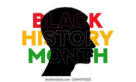 Black History Month card template. Vector card with head silhouette and color Black History Month symbol with stroke effect. African-American History Month banner for promotion and social media ad.