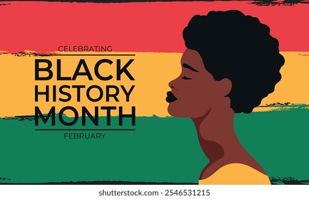 Black history month celebrate. African American History. Red, yellow and green painted banner with African woman profile. Vector illustration