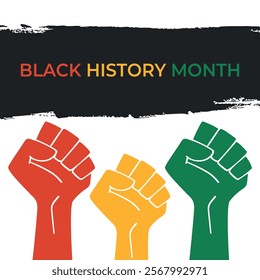 Black history month celebrate. African American History. Red, yellow and green painted fists raised. Vector illustration