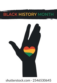 Black history month celebrate poster with red, yellow, green colored heart on open palm of raised hand. Vector illustration