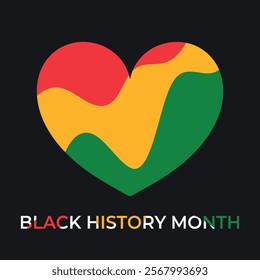 Black history month celebrate. Wavy red, green, yellow colored heart on black background. Vector illustration