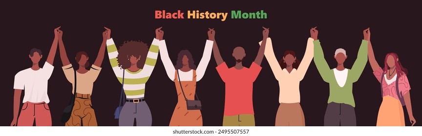 In: Black History Month. Jährlich im Februar in den USA und Kanada gefeiert. Eine Gruppe Afroamerikaner mit erhobenen Händen. Begriff der Menschenrechte, der Freiheit, der Geschichte, der Einheit, des Supports und der Zusammenarbeit