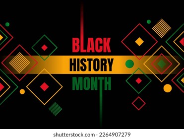 Black History Month celebration banner with colorful ornaments and signs