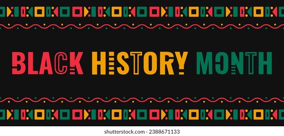 Black History Month celebration banner with ethnic decoration, bright colors and text on a black background. Vector illustration.