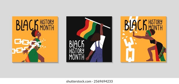 Black history month celebration cards set. African-American woman with African flag. Woman in ethnic clothes breaks shackles, chains. Greeting square post background for Social media. Vector