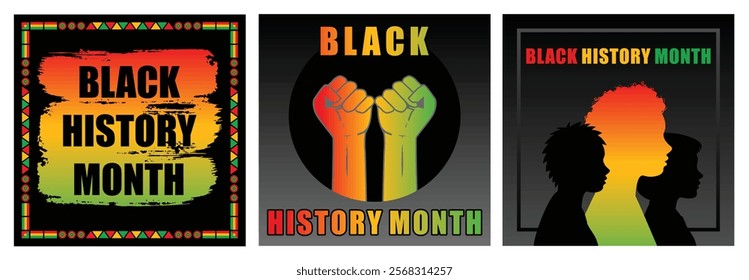 Black History Month celebration. Clenched hands on black background. Silhouettes of black people standing side by side. Black History Month concept. Set flat vector illustration.