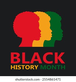 Black History Month celebration. Red, yellow and green people silhouettes and Text. African American culture appreciation. Celebrating the end of apartheid.