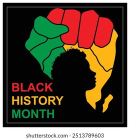 Black History Month Feier. Silhouette einer schwarzen Person vor einer Karte von Afrika. Black History Month Konzept. Flache Vektorgrafik.