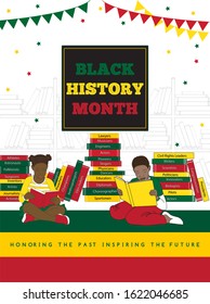 Black history month celebration vector illustration with boy and girl reading among bookshelves, stacks of books about achievements of famous Afro Americans. Concept of honor and inspiration future.