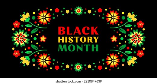 Black history month celebration vector banner. Art with African colors. African-American History Month illustration for social media, card, poster. Flowers on black background.