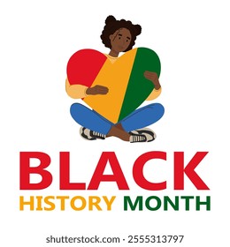 Black history month celebration. A black woman holding a colorful heart and text. African culture appreciation. Observed annually in February.