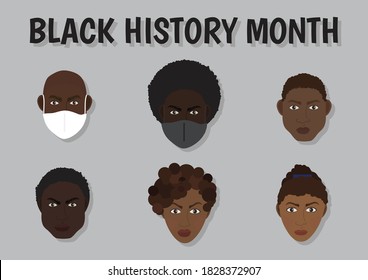 Black History Month characters wearing face masks vector illustration