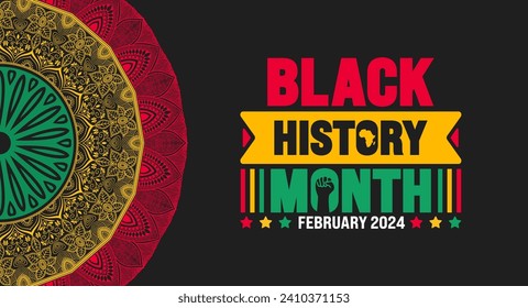 Black history month colorful lettering typography with Mandala background. Celebrated February in united state, Africa and Canada. Juneteenth Independence Day. Kwanzaa.