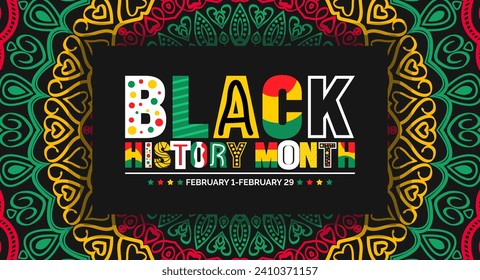 Black history month colorful lettering typography with Mandala background. Celebrated February in united state, Africa and Canada. Juneteenth Independence Day. Kwanzaa.