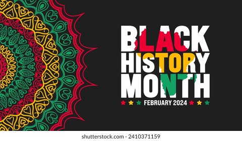 Tipografía con letras coloridas del mes de la historia negra con antecedentes de Mandala. Celebrado en febrero en estados unidos, África y Canadá. Decimoctavo Día de la Independencia de junio. Kwanzaa.