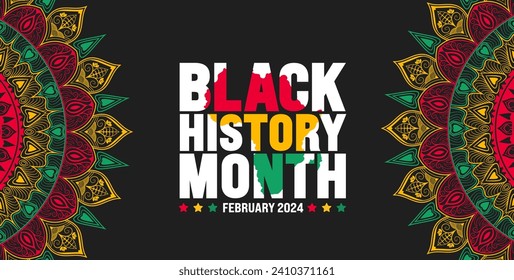 Black history month colorful lettering typography with Mandala background. Celebrated February in united state, Africa and Canada. Juneteenth Independence Day. Kwanzaa.