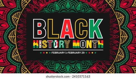 Black history month colorful lettering typography with Mandala background. Celebrated February in united state, Africa and Canada. Juneteenth Independence Day. Kwanzaa.