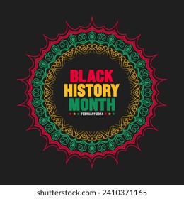 Black history month colorful lettering typography with Mandala background. Celebrated February in united state, Africa and Canada. Juneteenth Independence Day. Kwanzaa.