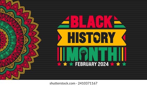 Black history month colorful lettering typography with Mandala background. Celebrated February in united state, Africa and Canada. Juneteenth Independence Day. Kwanzaa.