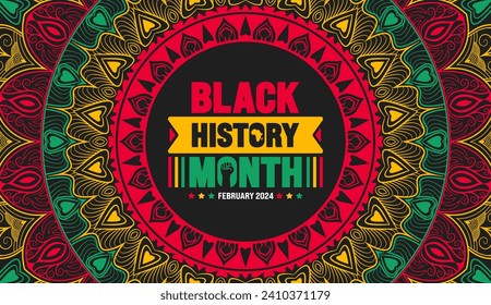 Black history month colorful lettering typography with Mandala background. Celebrated February in united state, Africa and Canada. Juneteenth Independence Day. Kwanzaa.